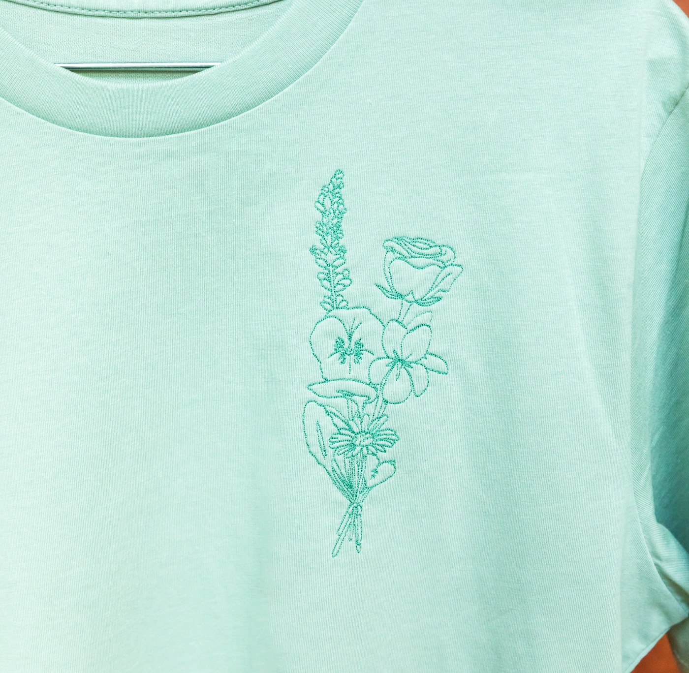 Adult T Shirt: Ophelia's Flowers Aloe Green
