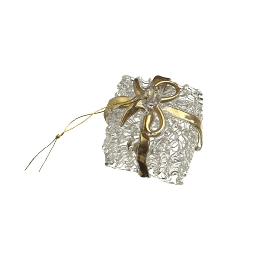 Decoration: Large Glass Present Gold Ribbon