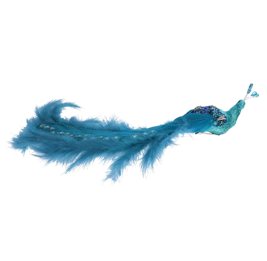 Decoration: Teal Peacock Clip With Long Feather Tail