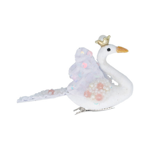 Decoration: White Swan With Irid Sequins Clip