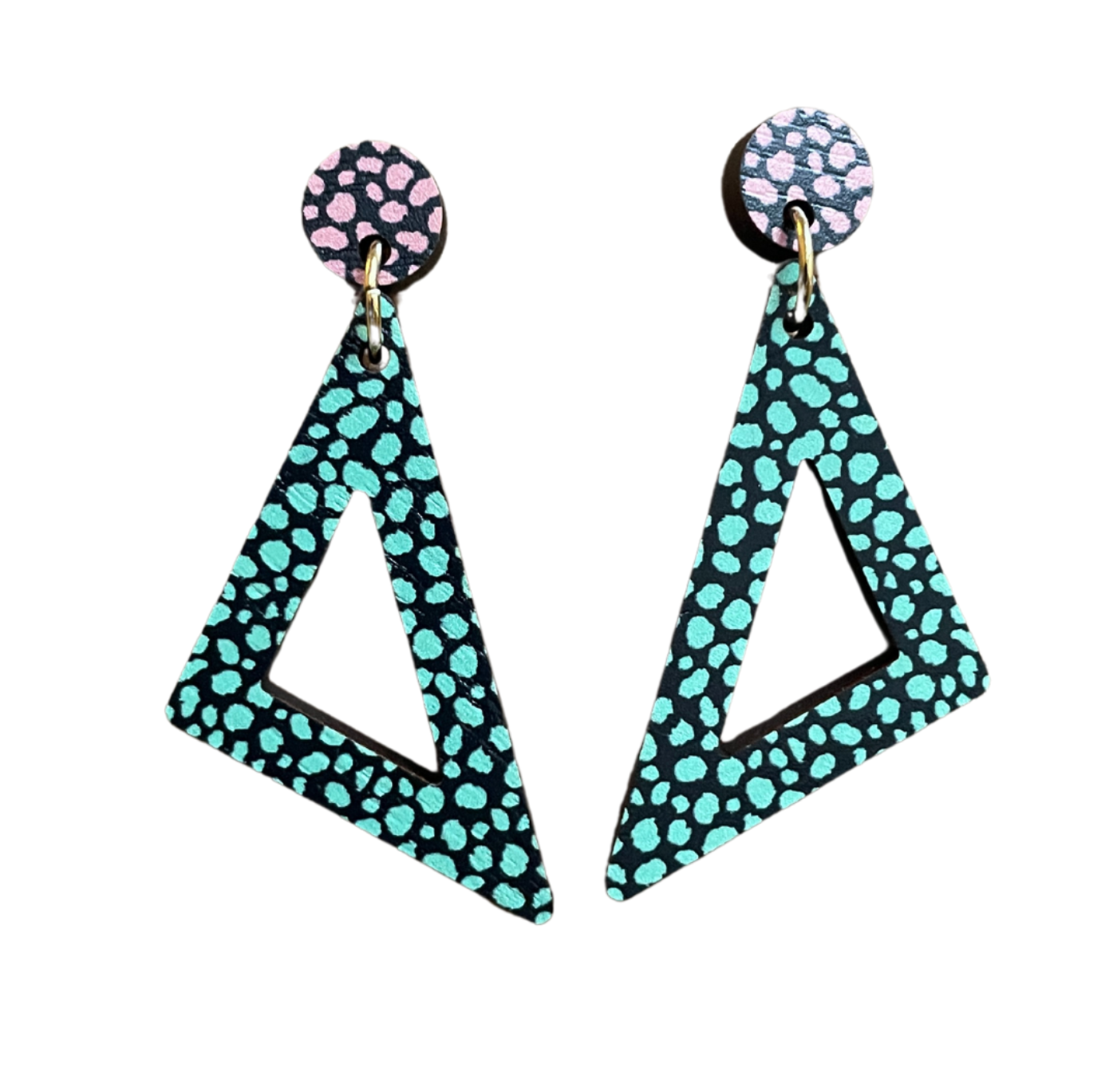 Earrings: Triangle Drop Green Leopard