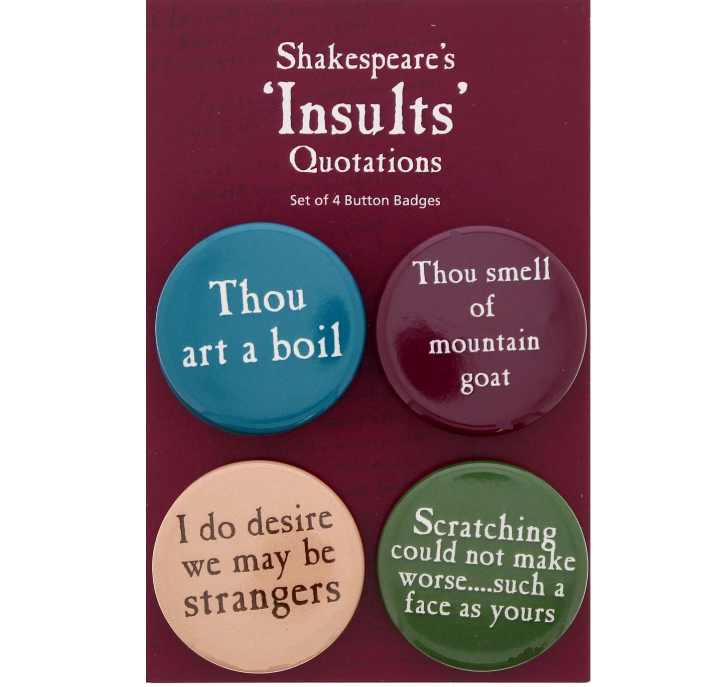 William Shakespeare Insults 4 Badge Pack, Literary Gift, Literature Badges,  Book Lover Gifts, Gift for Readers, Shakespeare Plays 