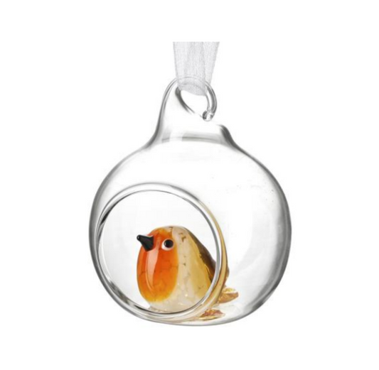 Decoration: Open Glass Bauble With Robin