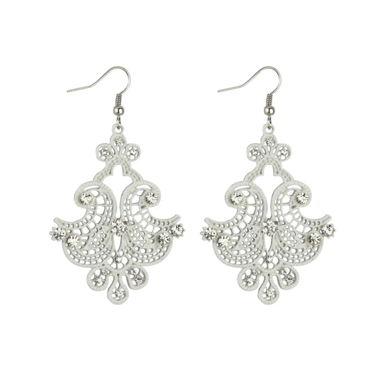 Earrings: Lace Filigree Crystal Drop White