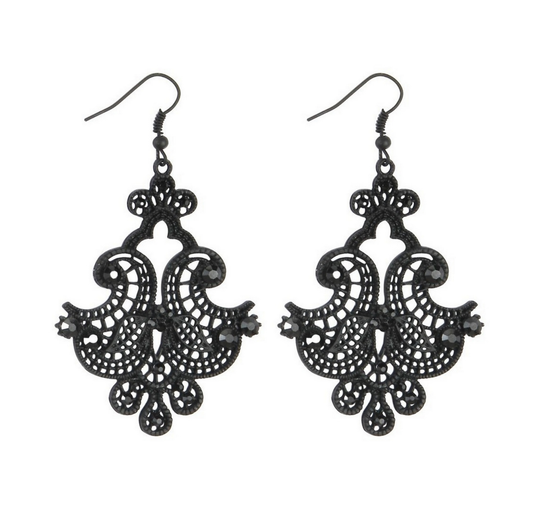 Earrings: Lace Filigree Crystal Drop Black