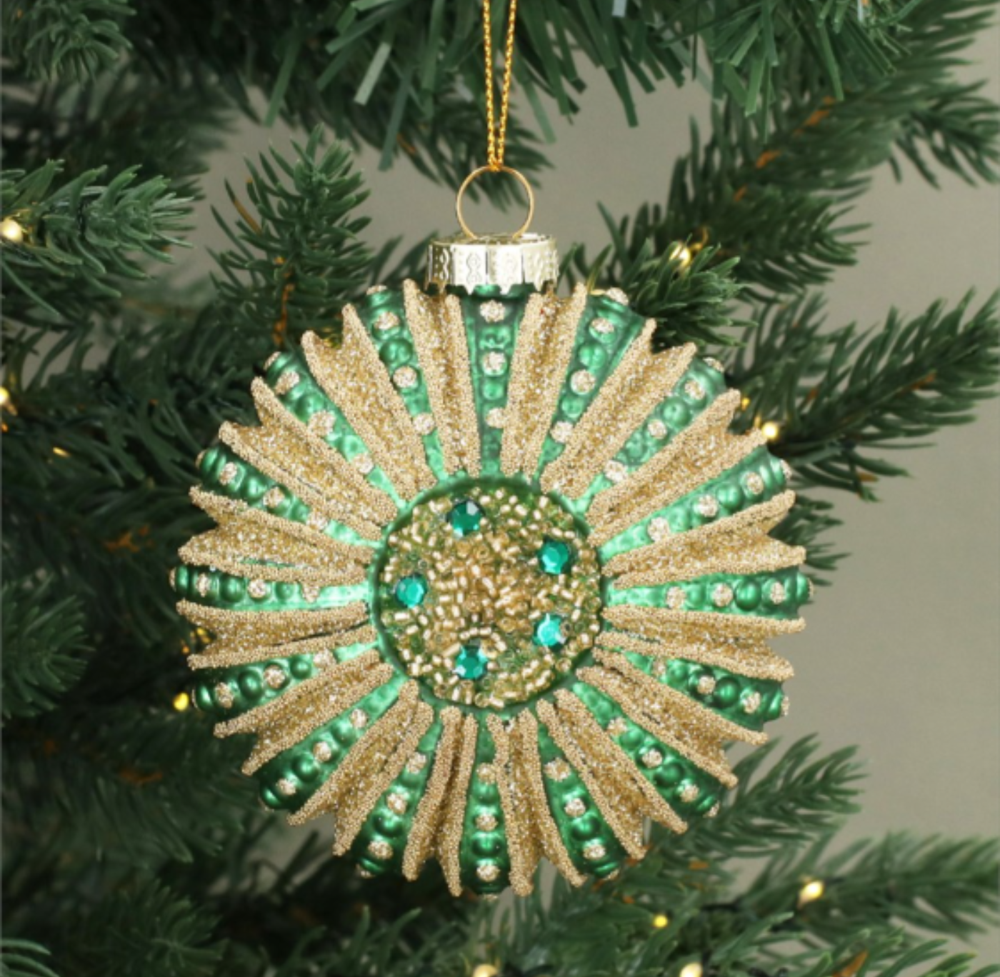 Glass Bauble: Green and Gold Ornate Disc