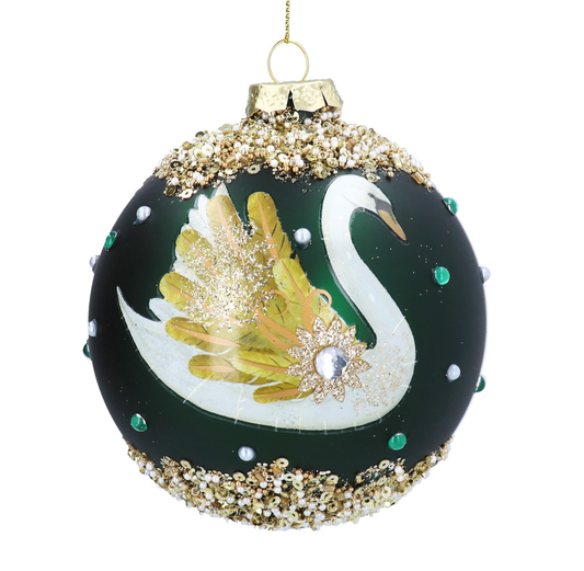 Glass Bauble: Matte Green & Jewelled Swan