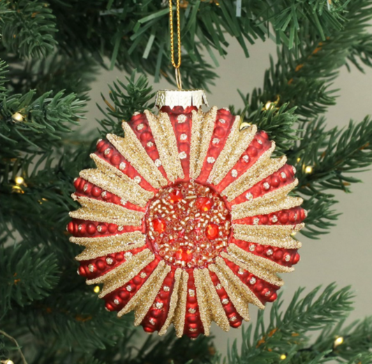 Glass Bauble: Red and Gold Ornate Disc