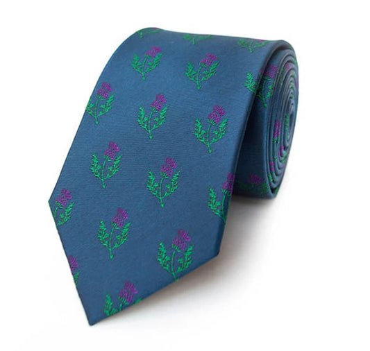 Silk Tie: Thistles Dark Blue